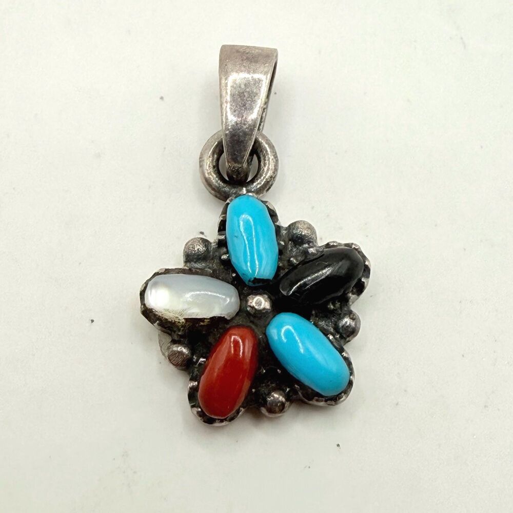 Vintage Sterling Silver Southwestern Flower Pendant | 925 Multicolor Boho Turquo
